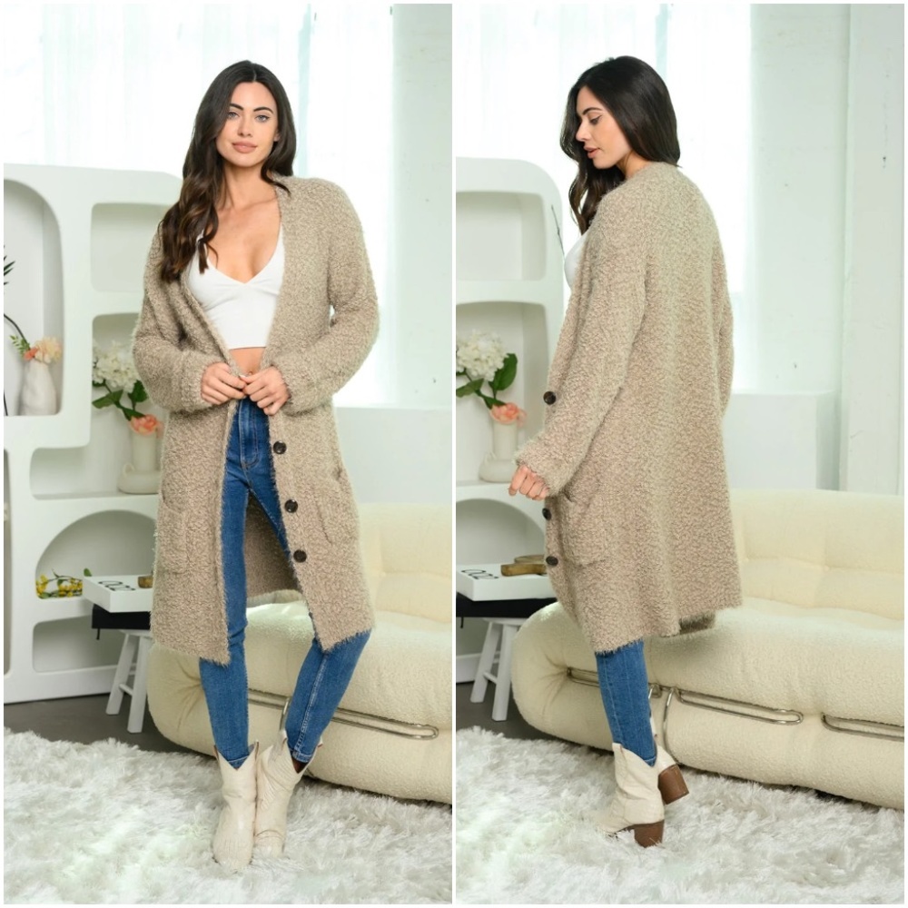 LONG SLEEVE BUTTON UP FUZZY POPCORN YARN CARDIGAN